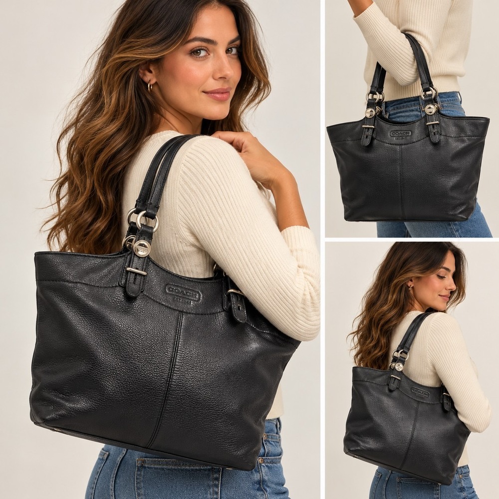 Coach F16174 Black Pebbled Leather Tote Shoulder Bucket Bag Purple Lining Y2K